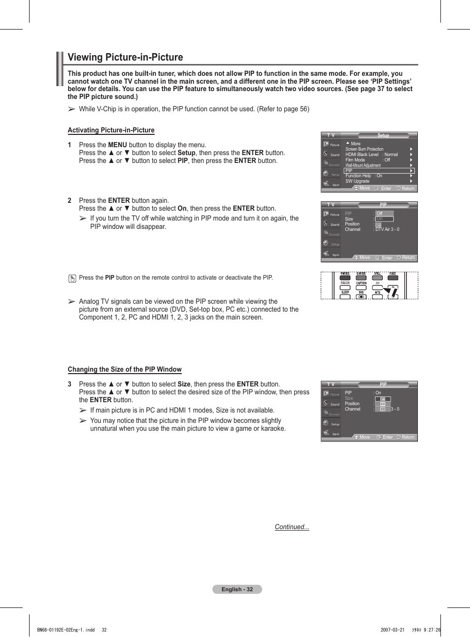 Viewing picture-in-picture | Samsung HPT5054X-XAA User Manual | Page 32 / 144