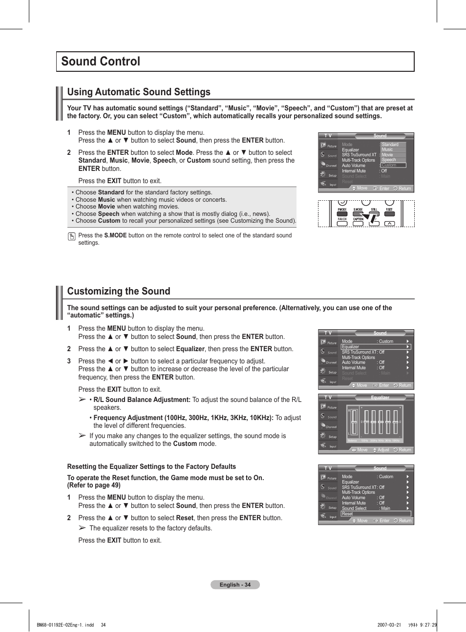 Sound control, Using automatic sound settings, Customizing the sound | Samsung HPT5054X-XAA User Manual | Page 34 / 144