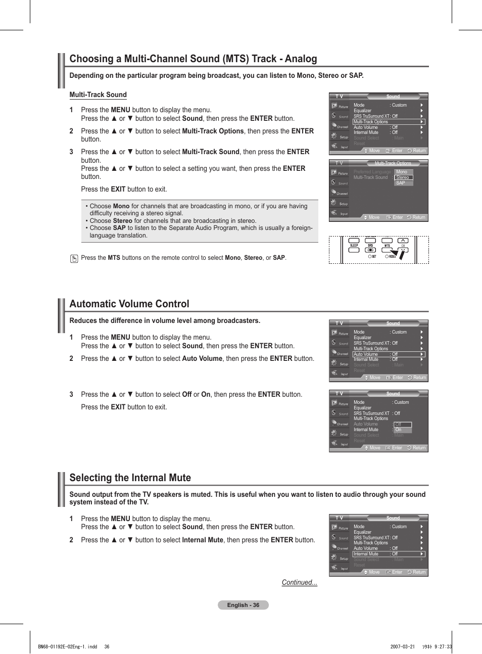 Automatic volume control, Selecting the internal mute | Samsung HPT5054X-XAA User Manual | Page 36 / 144