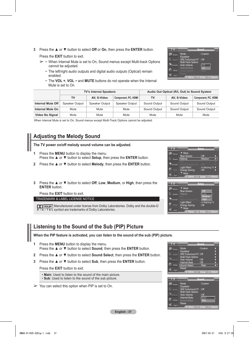 Adjusting the melody sound, Listening to the sound of the sub (pip) picture, You can select this option when pip is set to on | Samsung HPT5054X-XAA User Manual | Page 37 / 144