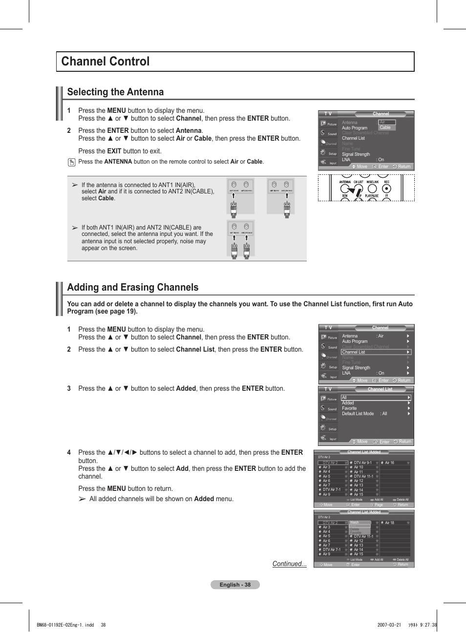 Channel control, Selecting the antenna, Adding and erasing channels | Samsung HPT5054X-XAA User Manual | Page 38 / 144