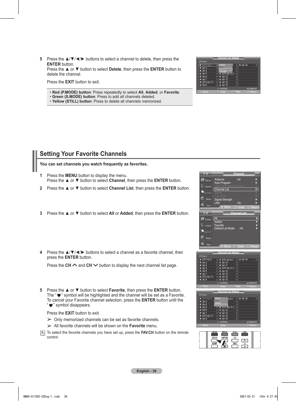 Setting your favorite channels | Samsung HPT5054X-XAA User Manual | Page 39 / 144