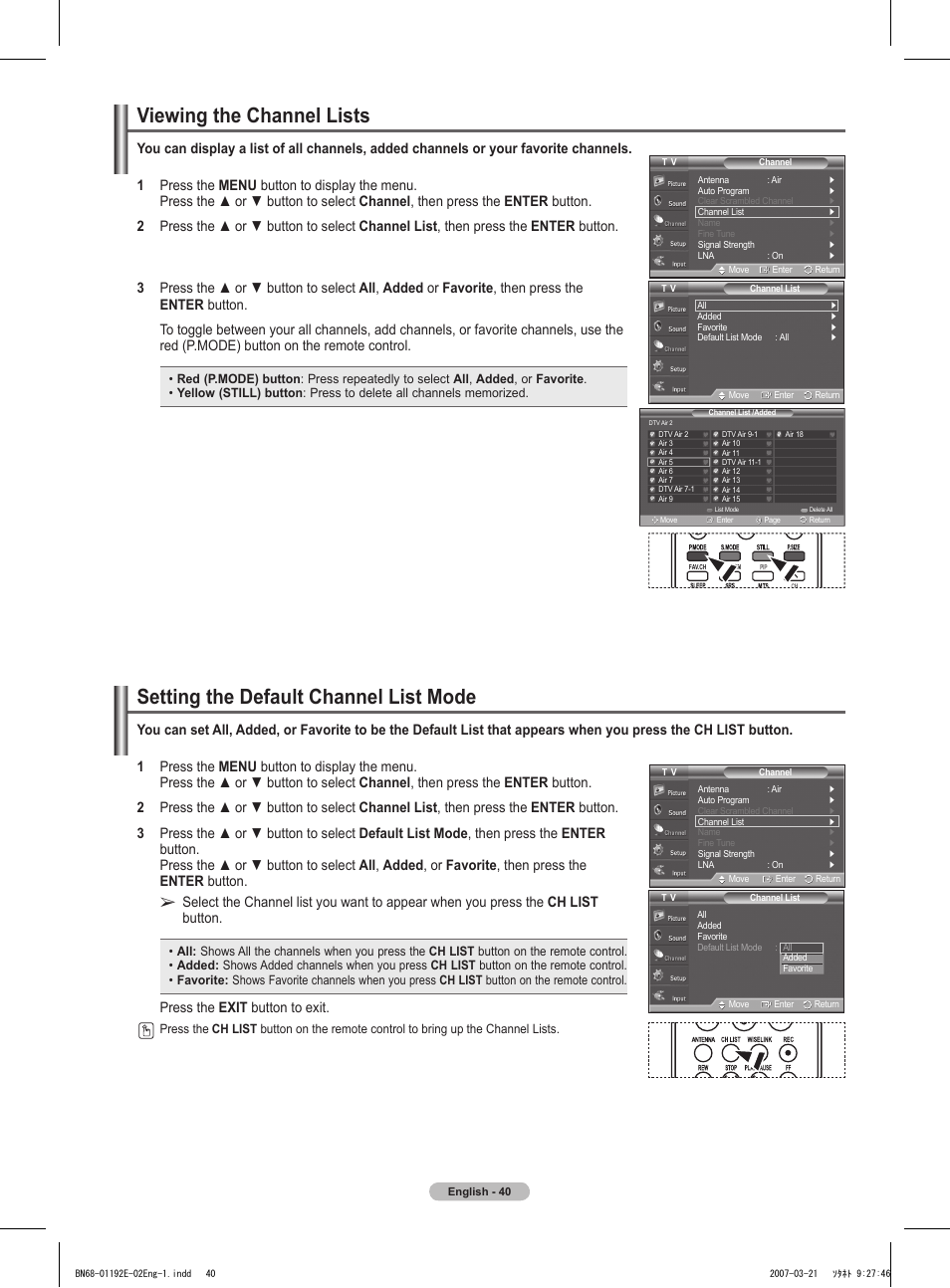 Viewing the channel lists, Setting the default channel list mode, Press the exit button to exit | Samsung HPT5054X-XAA User Manual | Page 40 / 144