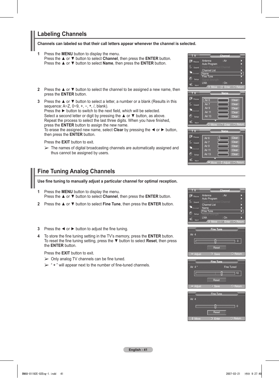 Labeling channels, Fine tuning analog channels | Samsung HPT5054X-XAA User Manual | Page 41 / 144