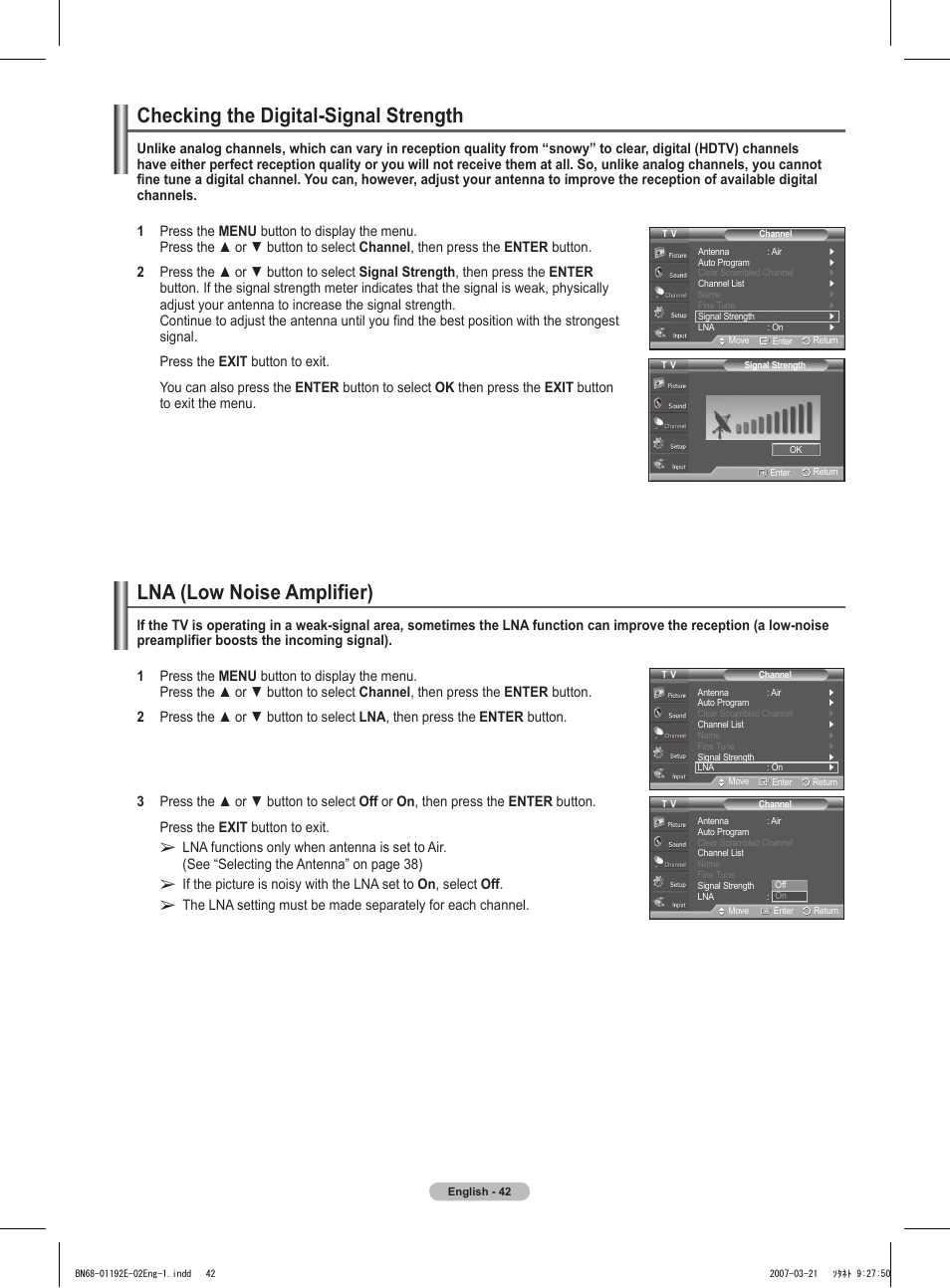 Checking the digital-signal strength, Lna (low noise amplifier) | Samsung HPT5054X-XAA User Manual | Page 42 / 144