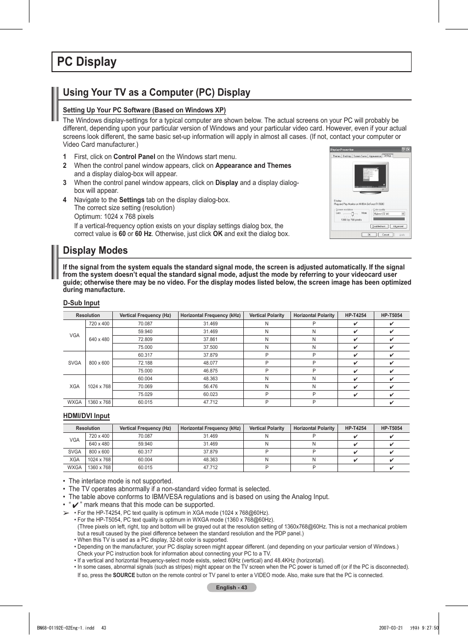 Pc display, Using your tv as a computer (pc) display, Display modes | Samsung HPT5054X-XAA User Manual | Page 43 / 144