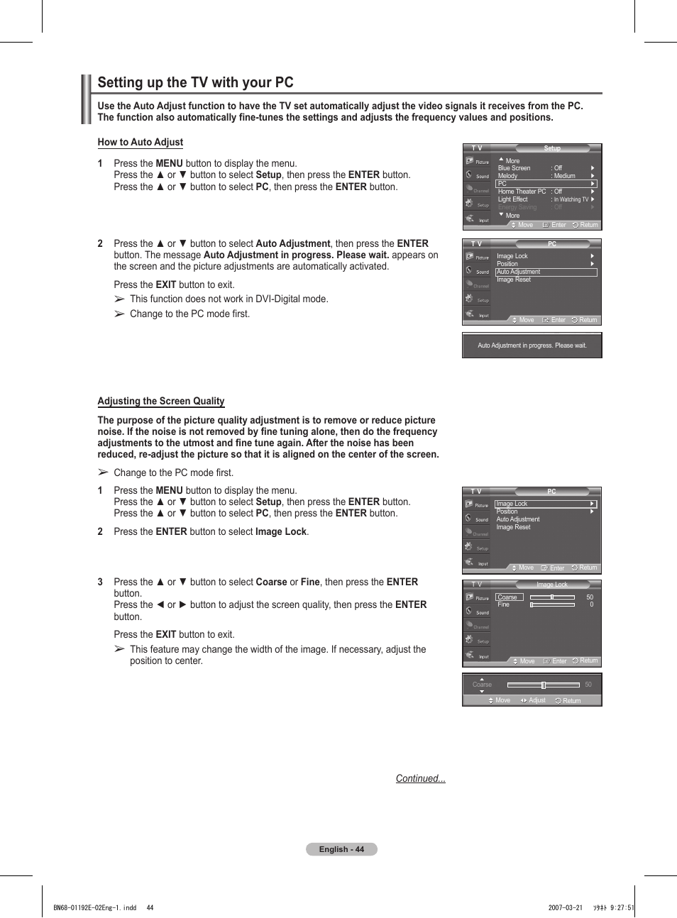 Setting up the tv with your pc | Samsung HPT5054X-XAA User Manual | Page 44 / 144