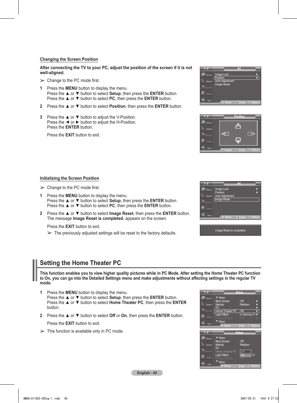 Setting the home theater pc | Samsung HPT5054X-XAA User Manual | Page 45 / 144