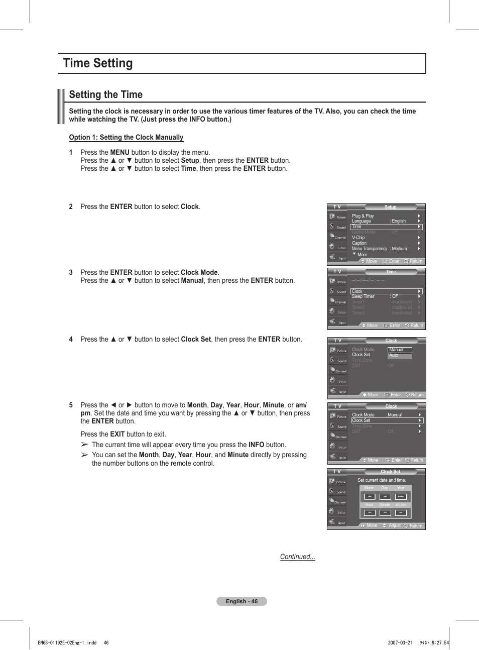 Time setting, Setting the time | Samsung HPT5054X-XAA User Manual | Page 46 / 144