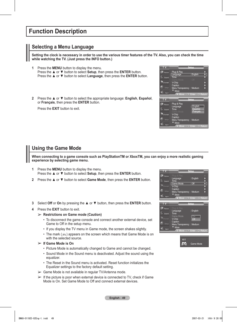 Function description, Selecting a menu language, Using the game mode | Samsung HPT5054X-XAA User Manual | Page 49 / 144