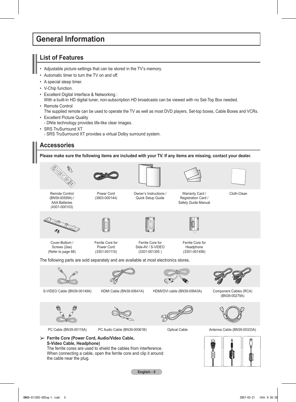 General information, List of features, Accessories | Samsung HPT5054X-XAA User Manual | Page 5 / 144