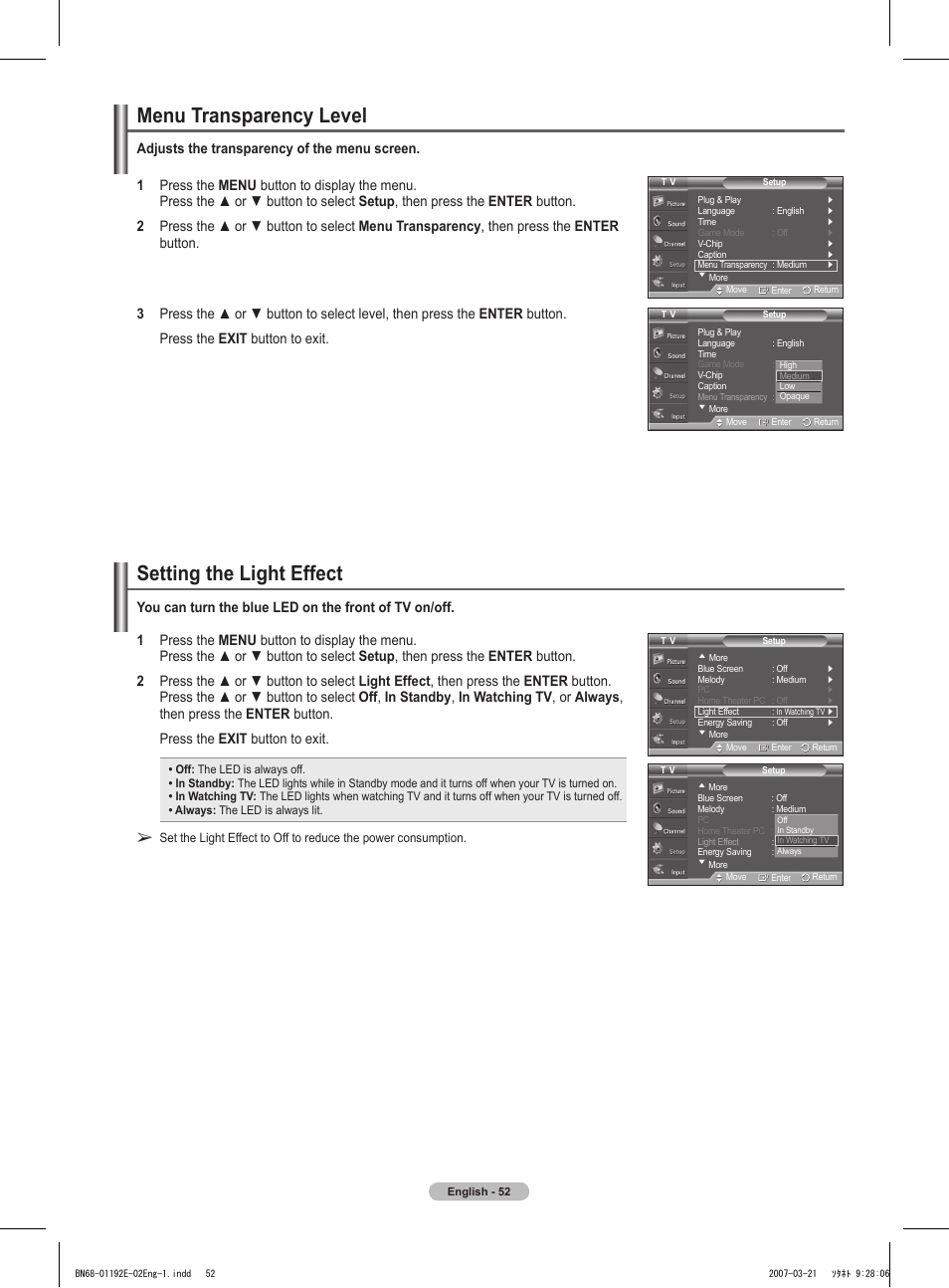 Menu transparency level, Setting the light effect | Samsung HPT5054X-XAA User Manual | Page 52 / 144