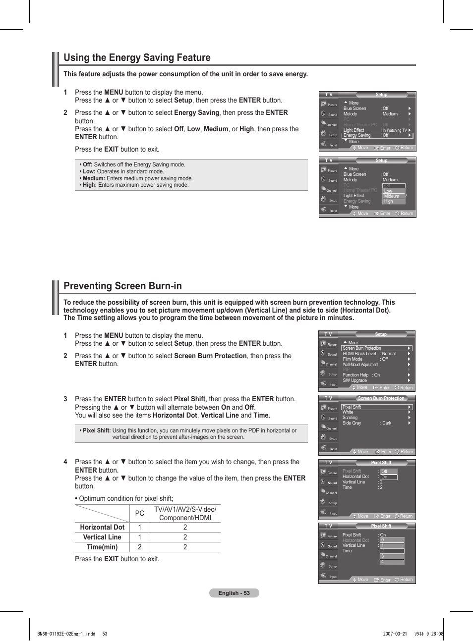 Using the energy saving feature, Preventing screen burn-in | Samsung HPT5054X-XAA User Manual | Page 53 / 144