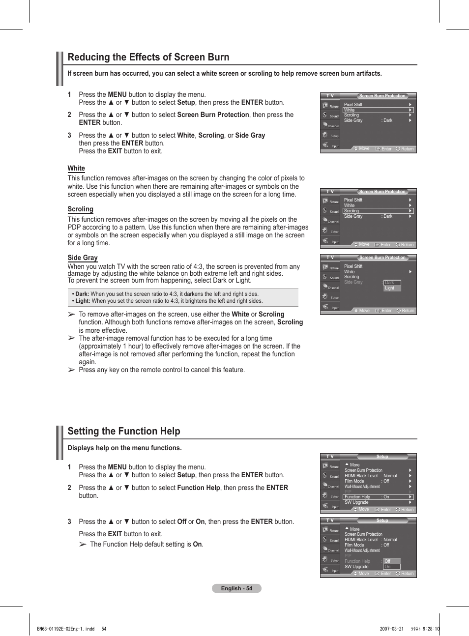 Reducing the effects of screen burn, Setting the function help | Samsung HPT5054X-XAA User Manual | Page 54 / 144