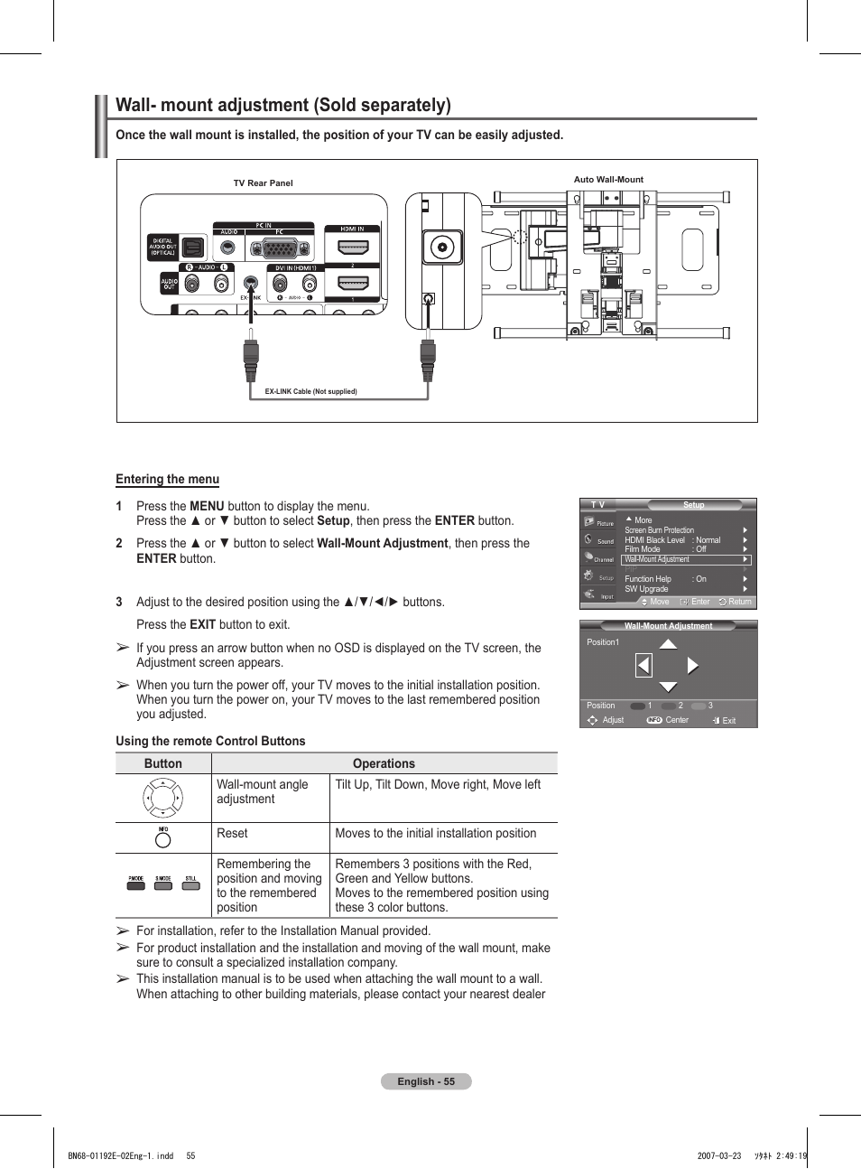 Wall- mount adjustment (sold separately) | Samsung HPT5054X-XAA User Manual | Page 55 / 144