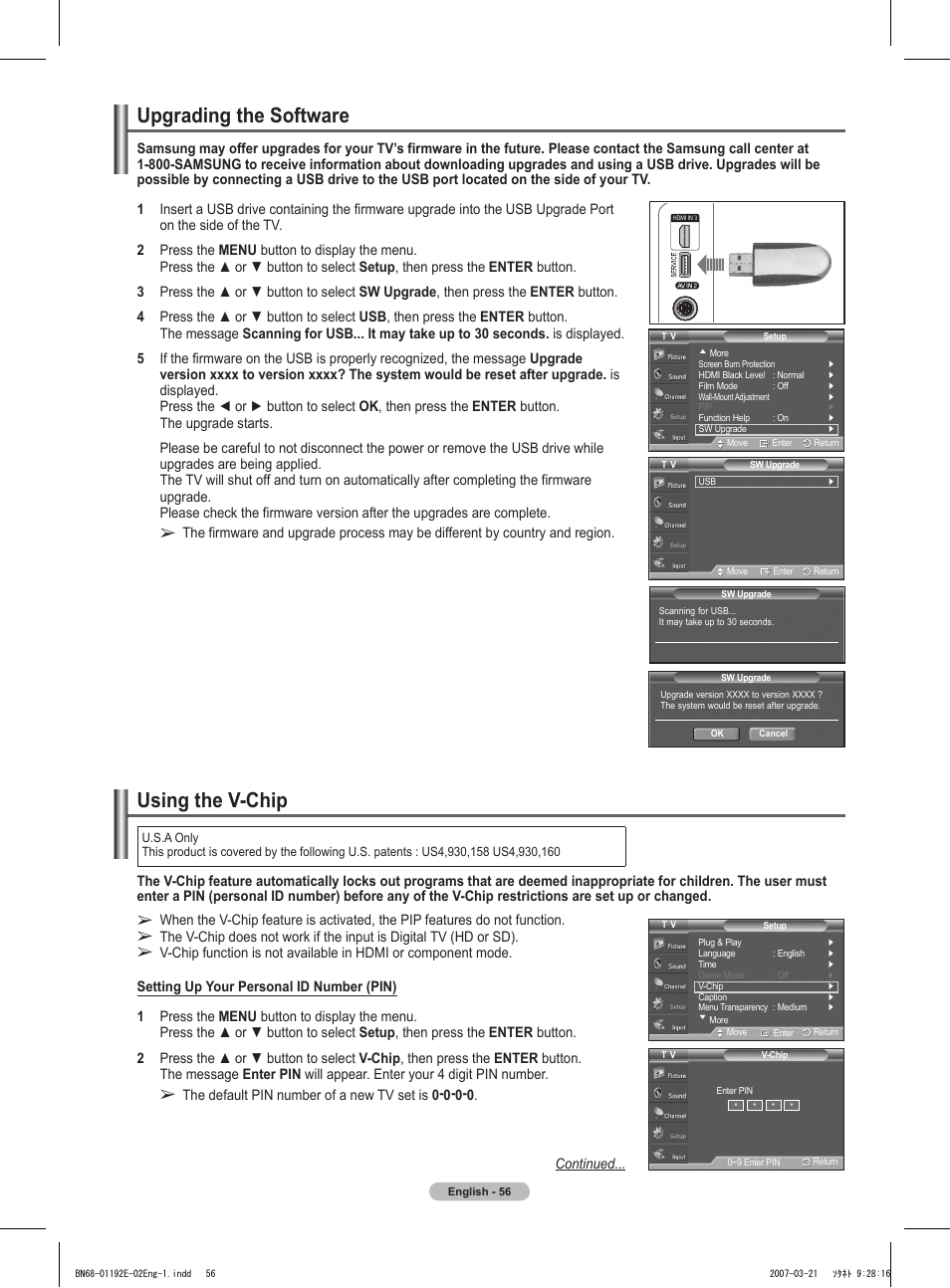 Upgrading the software, Using the v-chip | Samsung HPT5054X-XAA User Manual | Page 56 / 144