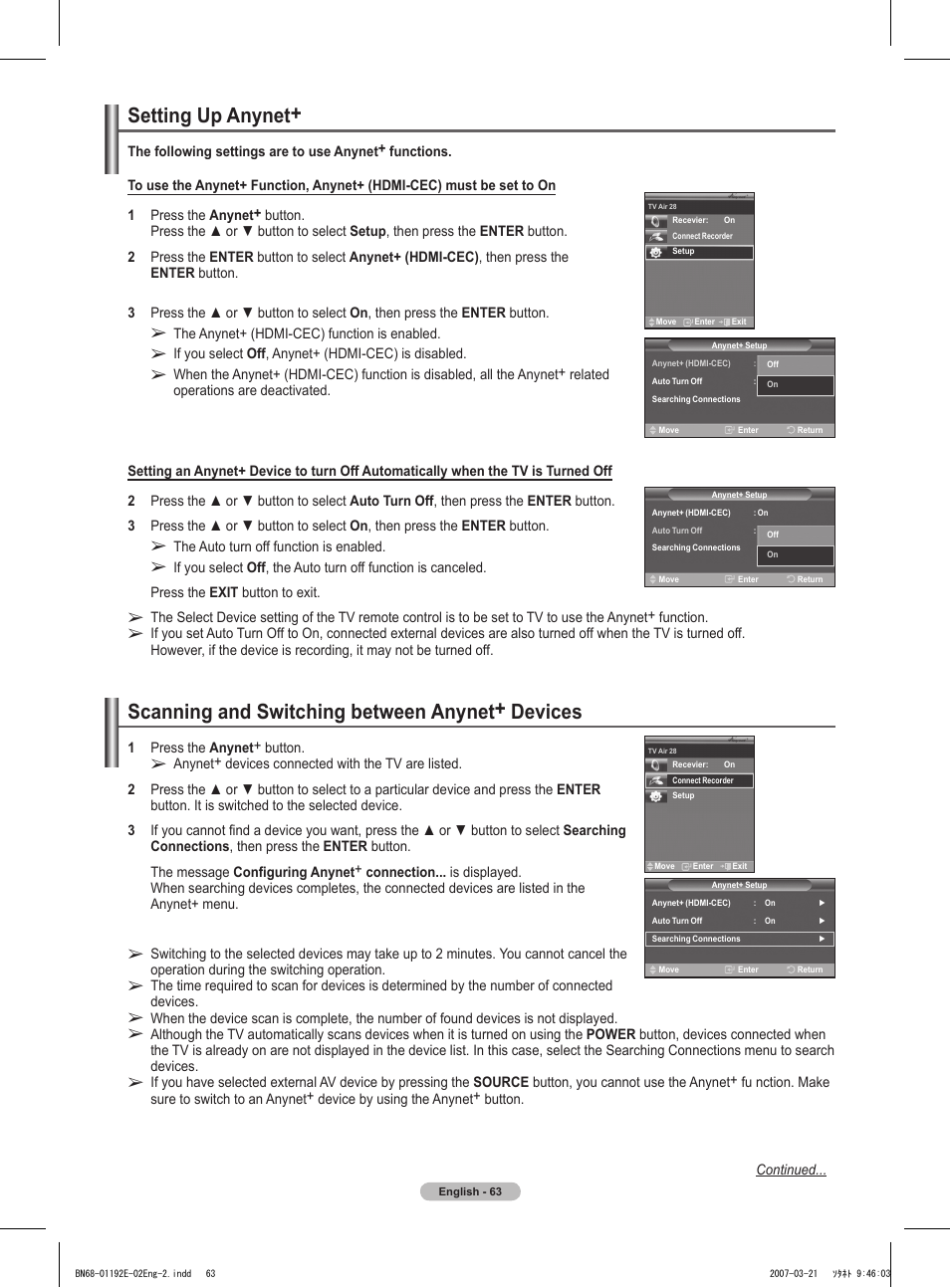 Setting up anynet, Scanning and switching between anynet+ devices | Samsung HPT5054X-XAA User Manual | Page 63 / 144