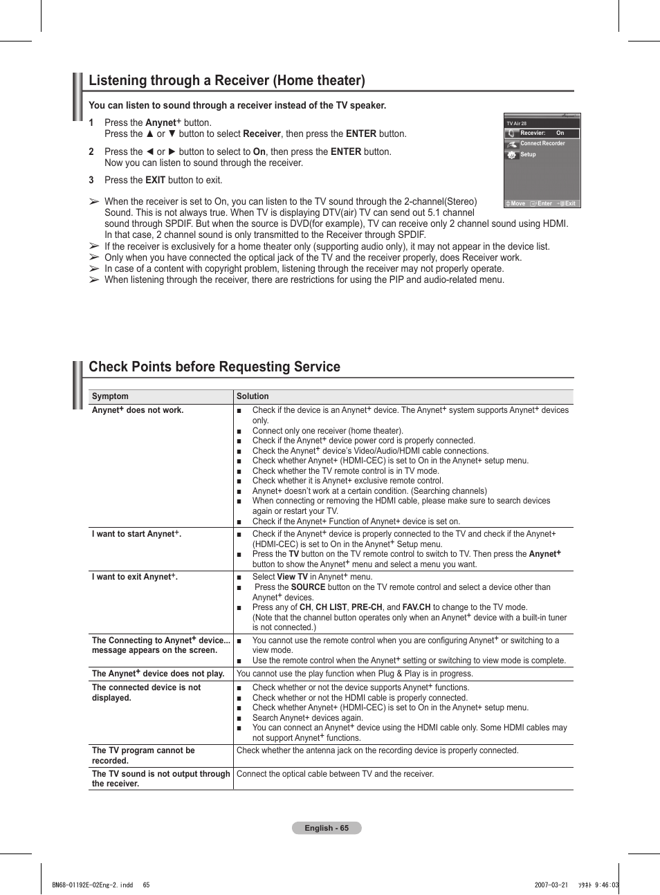 Listening through a receiver (home theater), Check points before requesting service | Samsung HPT5054X-XAA User Manual | Page 65 / 144