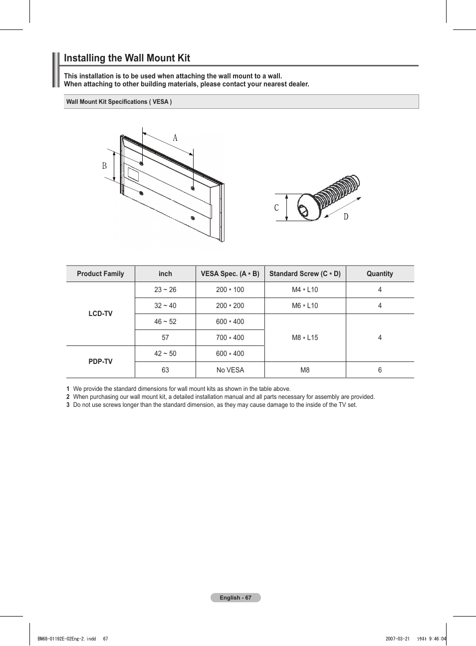 Installing the wall mount kit | Samsung HPT5054X-XAA User Manual | Page 67 / 144