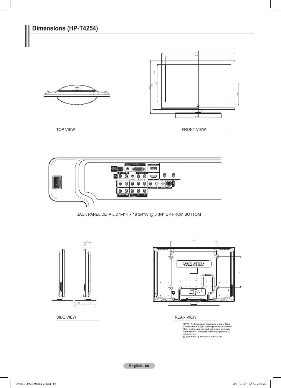 Dimensions (hp-t4254), English - 69 | Samsung HPT5054X-XAA User Manual | Page 69 / 144