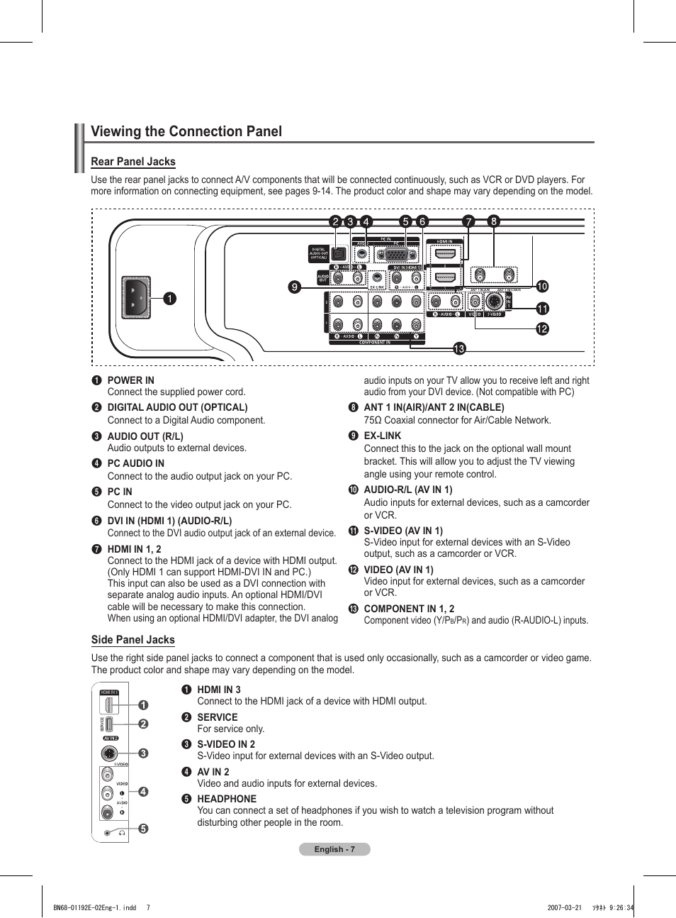 Viewing the connection panel | Samsung HPT5054X-XAA User Manual | Page 7 / 144
