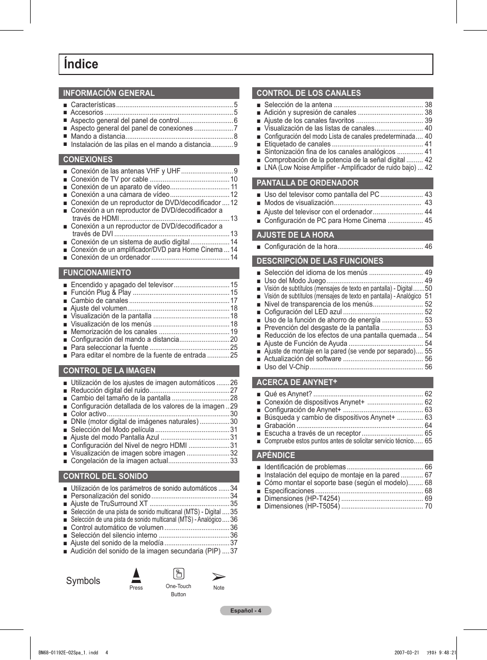 Índice, Symbols | Samsung HPT5054X-XAA User Manual | Page 75 / 144