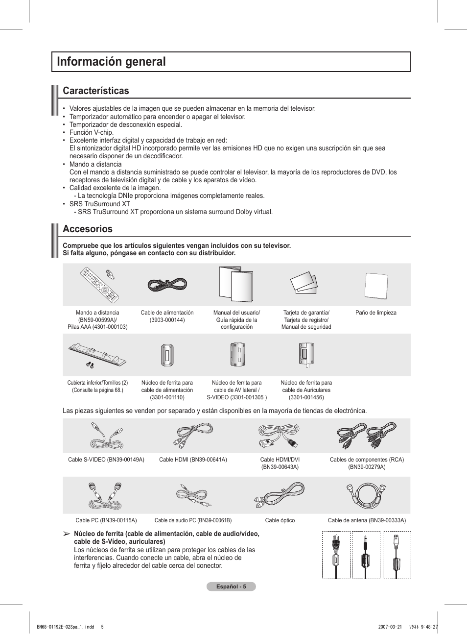 Información general, Características, Accesorios | Samsung HPT5054X-XAA User Manual | Page 76 / 144