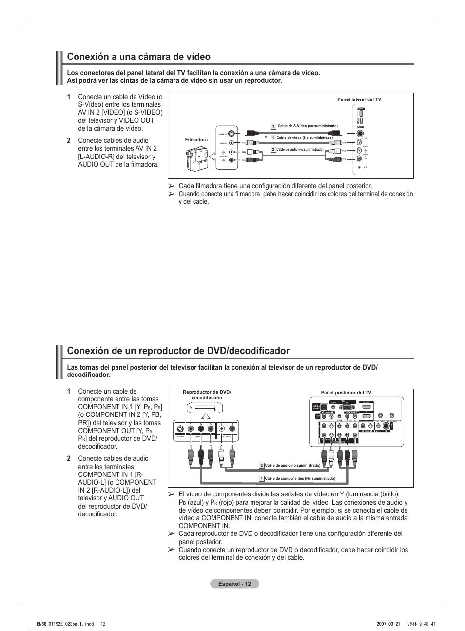 Conexión a una cámara de vídeo, Conexión de un reproductor de dvd/decodificador | Samsung HPT5054X-XAA User Manual | Page 83 / 144