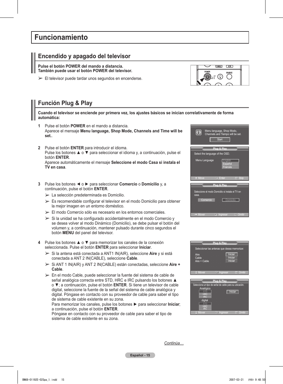 Funcionamiento, Encendido y apagado del televisor, Función plug & play | Samsung HPT5054X-XAA User Manual | Page 86 / 144