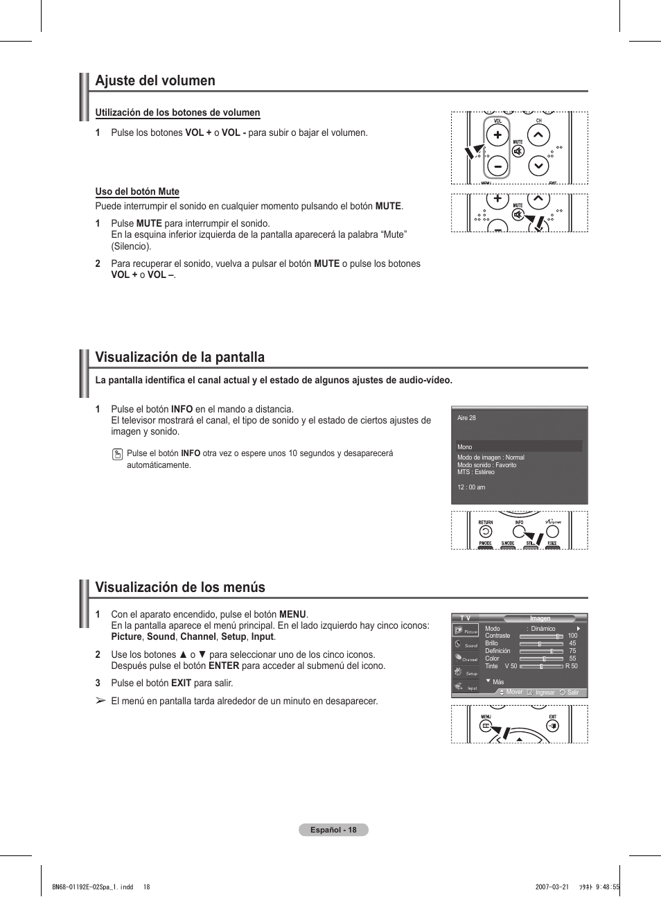 Ajuste del volumen, Visualización de la pantalla, Visualización de los menús | Samsung HPT5054X-XAA User Manual | Page 89 / 144