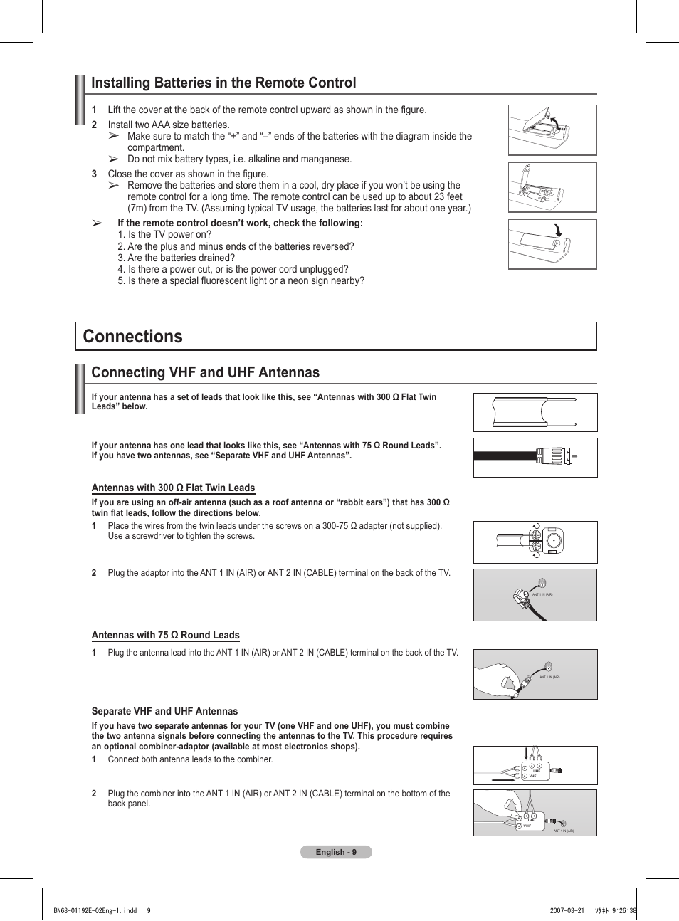 Installing batteries in the remote control, Connections, Connecting vhf and uhf antennas | Samsung HPT5054X-XAA User Manual | Page 9 / 144