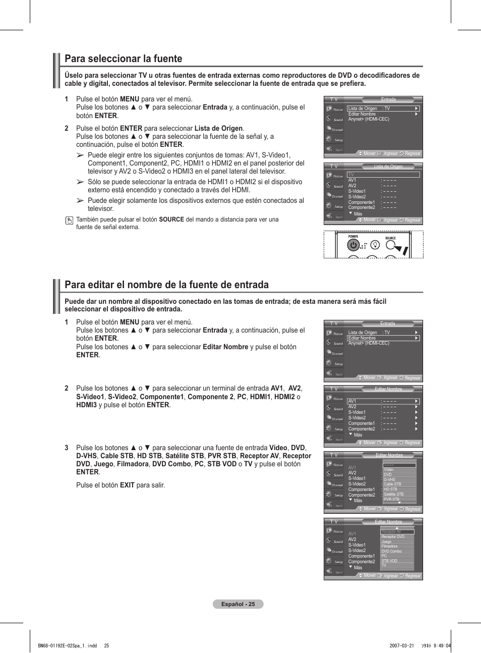 Para seleccionar la fuente, Para editar el nombre de la fuente de entrada | Samsung HPT5054X-XAA User Manual | Page 96 / 144