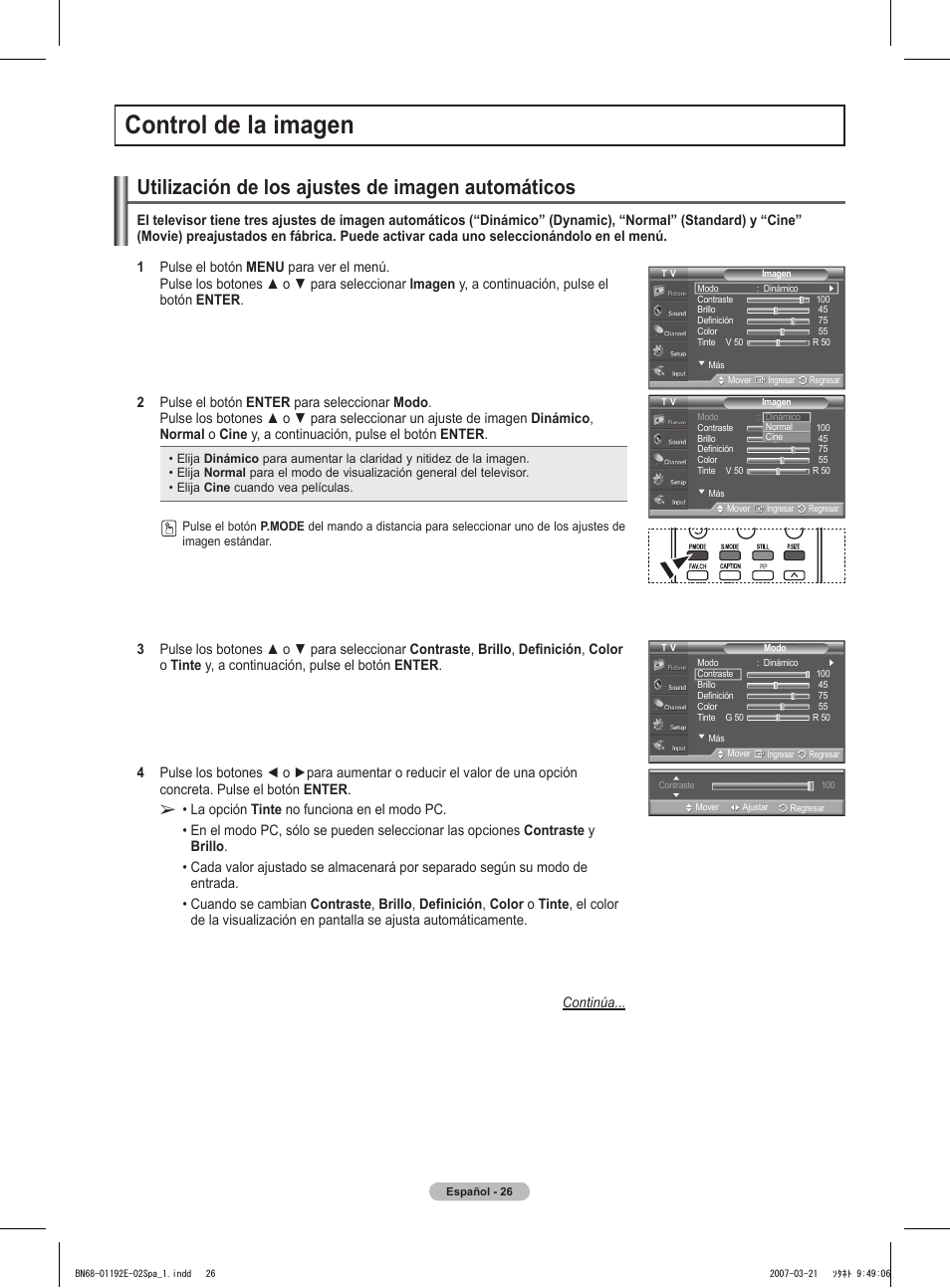 Control de la imagen, Utilización de los ajustes de imagen automáticos | Samsung HPT5054X-XAA User Manual | Page 97 / 144