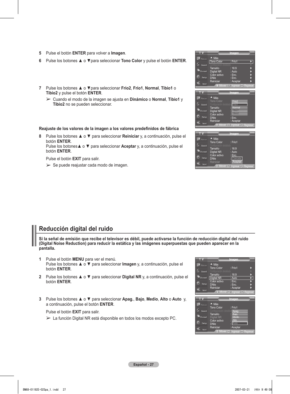 Reducción digital del ruido, Se puede reajustar cada modo de imagen | Samsung HPT5054X-XAA User Manual | Page 98 / 144