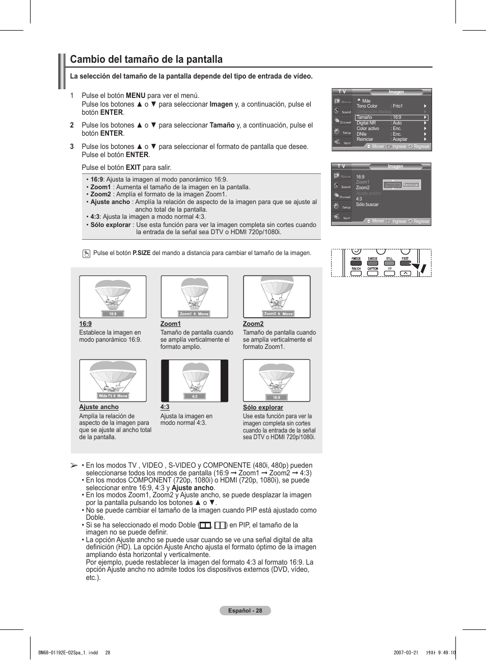 Cambio del tamaño de la pantalla | Samsung HPT5054X-XAA User Manual | Page 99 / 144