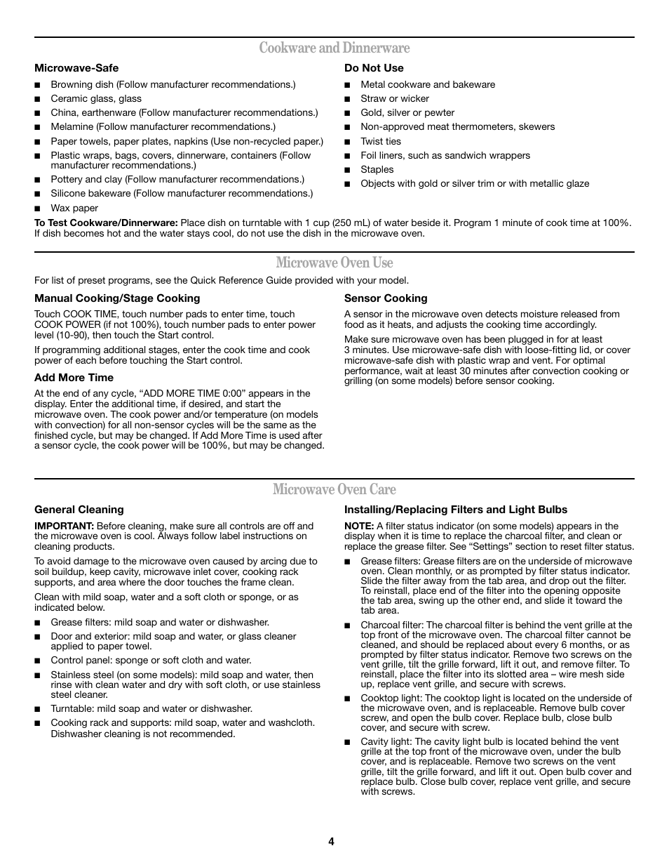Cookware and dinnerware, Microwave oven use, Microwave oven care | Amana W10208077A User Manual | Page 4 / 6