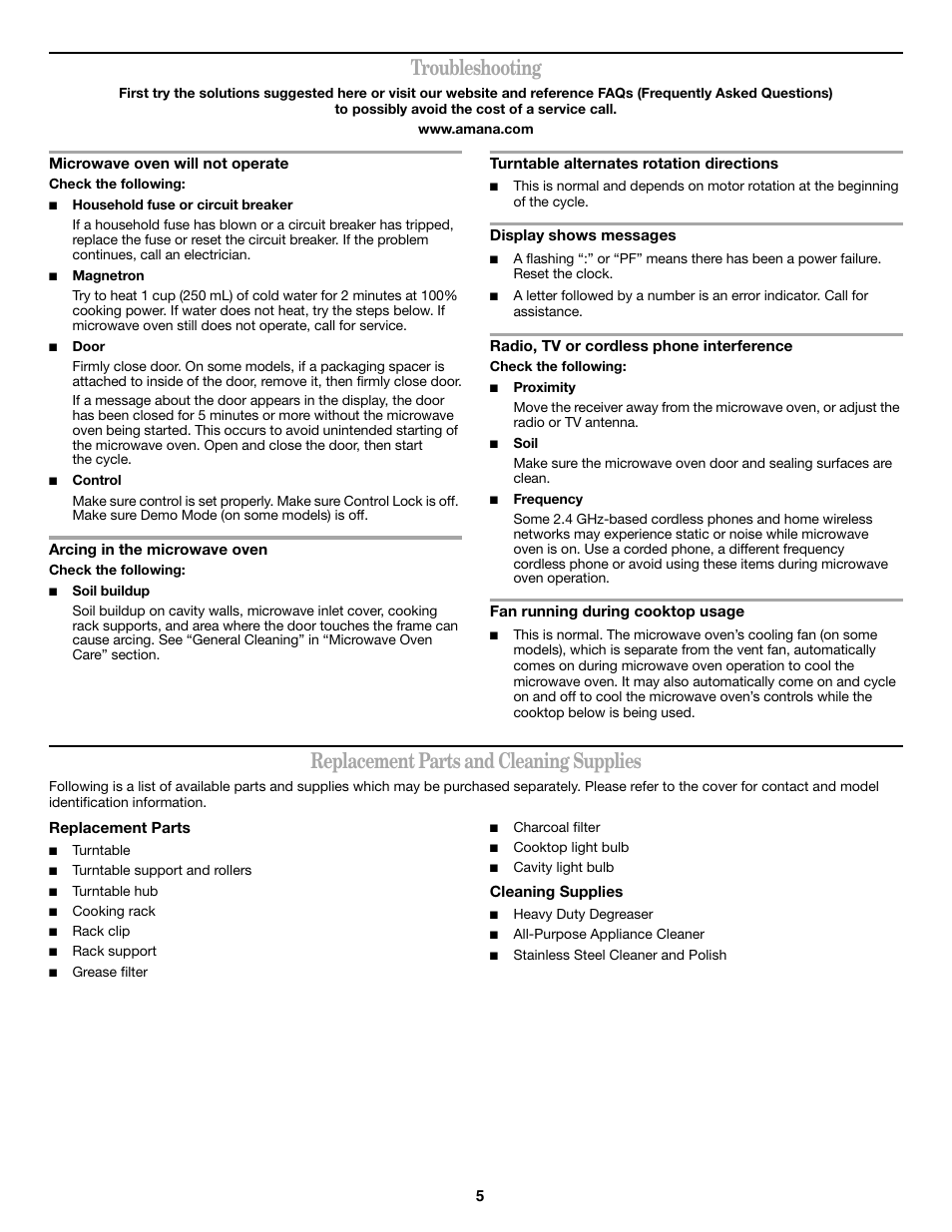 Troubleshooting, Replacement parts and cleaning supplies | Amana W10208077A User Manual | Page 5 / 6