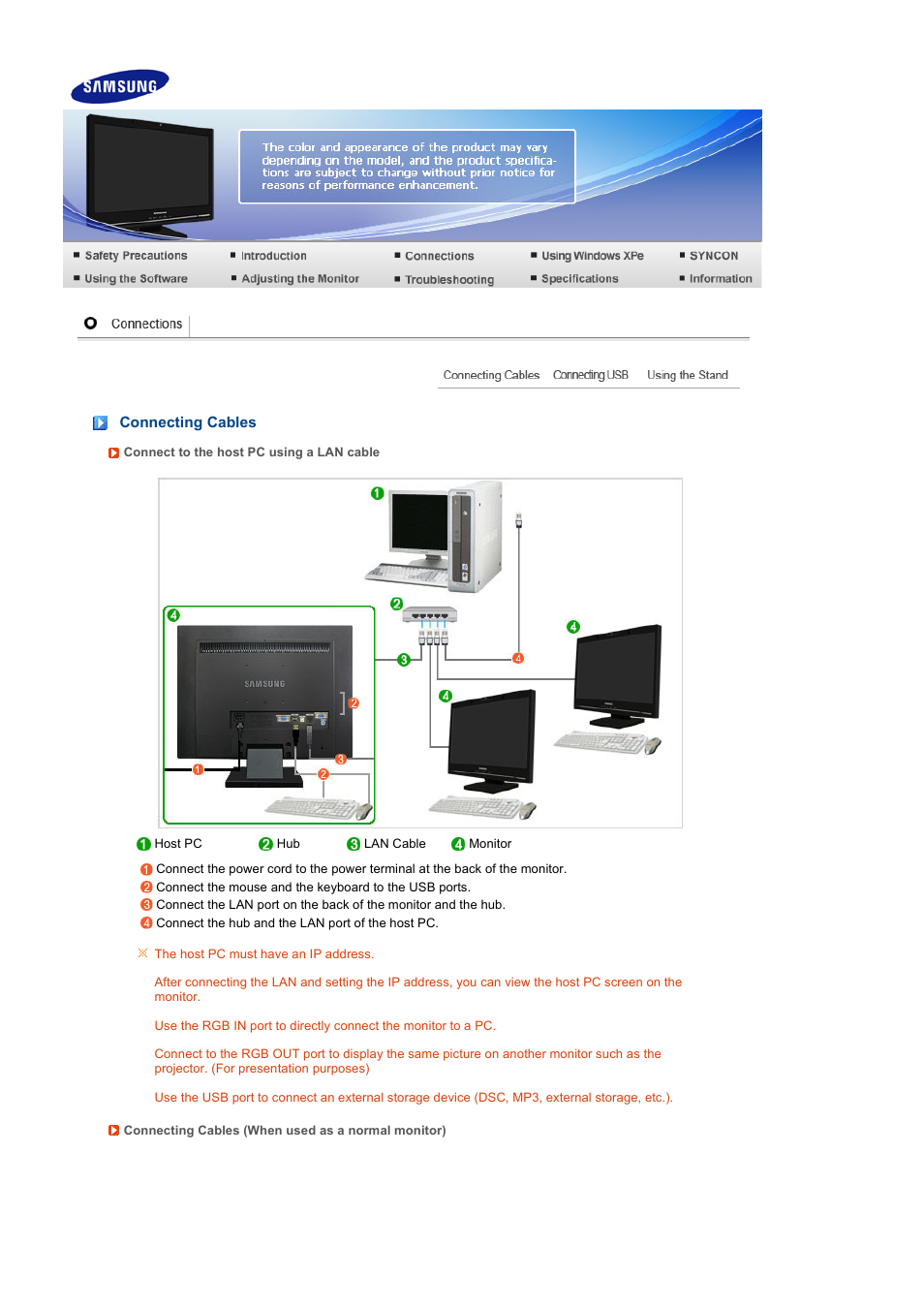 Connections, Connecting cables | Samsung LF22TNTSFG-XAA User Manual | Page 8 / 18