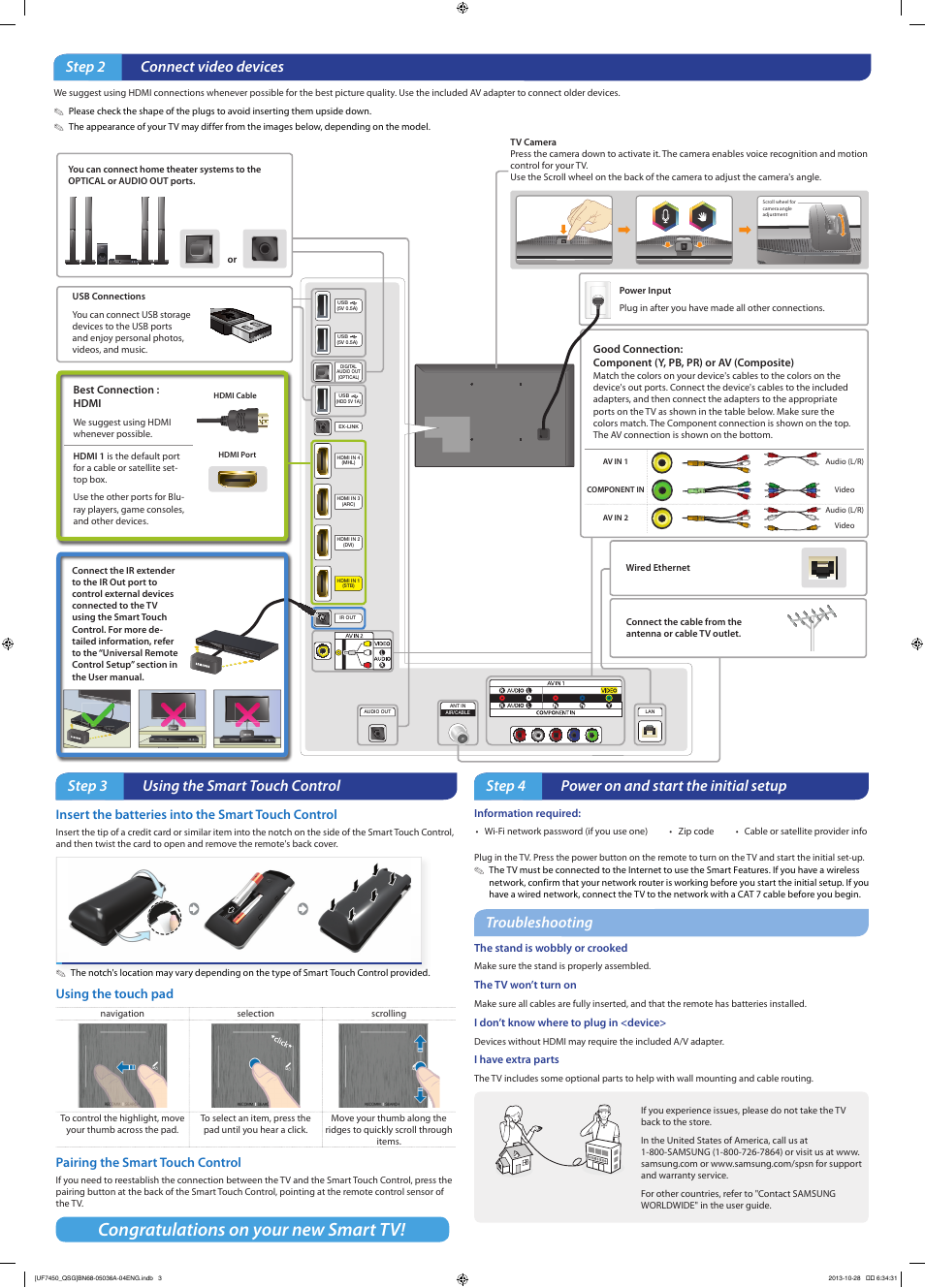 Step 2 connect video devices, Step 3 using the smart touch control, Step 4 power on and start the initial setup | Troubleshooting, Insert the batteries into the smart touch control, Using the touch pad, Pairing the smart touch control | Samsung UN60F7450AFXZA User Manual | Page 2 / 2