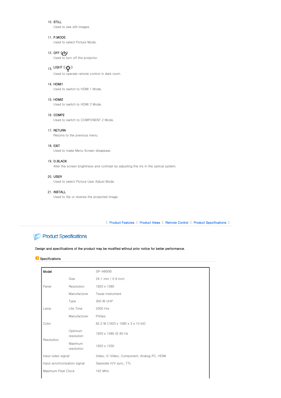 Product specifications | Samsung SPA800BX-XAA User Manual | Page 13 / 42