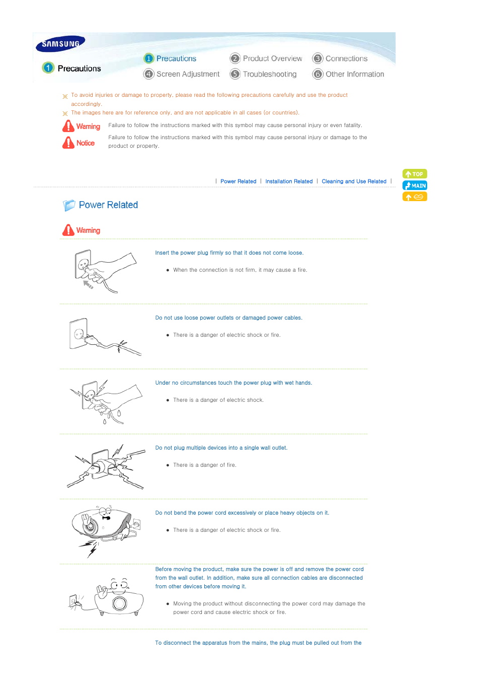 Precautions, Power related | Samsung SPA800BX-XAA User Manual | Page 2 / 42
