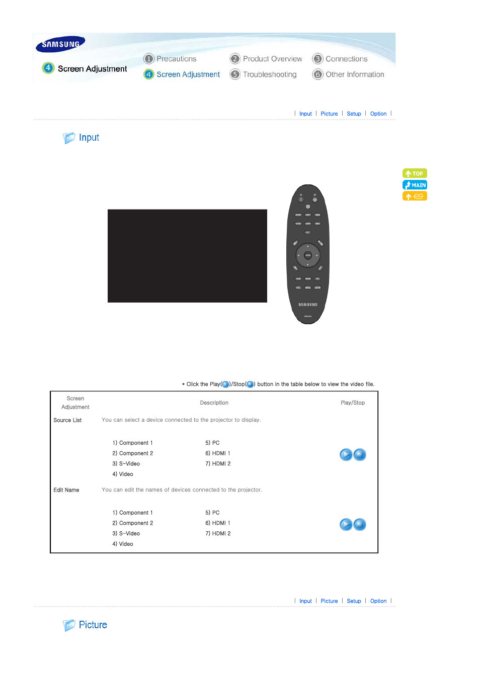 Screen adjustment, Input, Picture | Samsung SPA800BX-XAA User Manual | Page 28 / 42