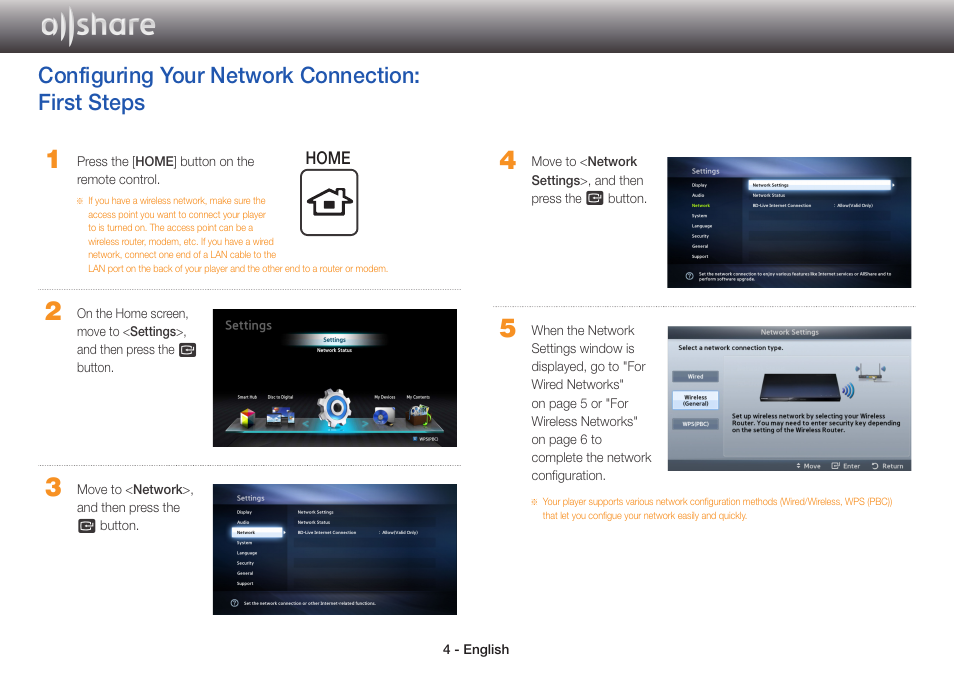 Configuring your network connection: first steps | Samsung BD-E5700-ZA User Manual | Page 4 / 15
