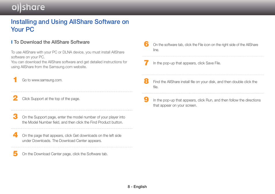 Installing and using allshare software on your pc | Samsung BD-E5700-ZA User Manual | Page 8 / 15