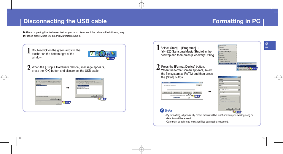 Disconnecting the usb cable, Formatting in pc | Samsung YH-820MW-XAA User Manual | Page 10 / 36