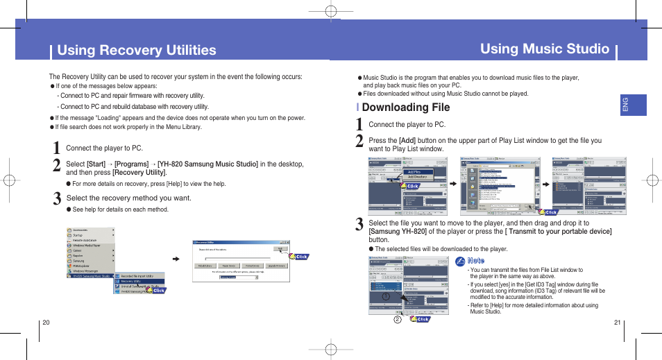 Using recovery utilities, Using music studio, Idownloading file | Samsung YH-820MW-XAA User Manual | Page 11 / 36