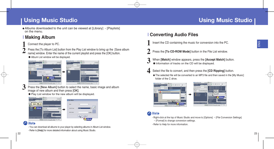 Using music studio, Imaking album, Iconverting audio files | Samsung YH-820MW-XAA User Manual | Page 12 / 36