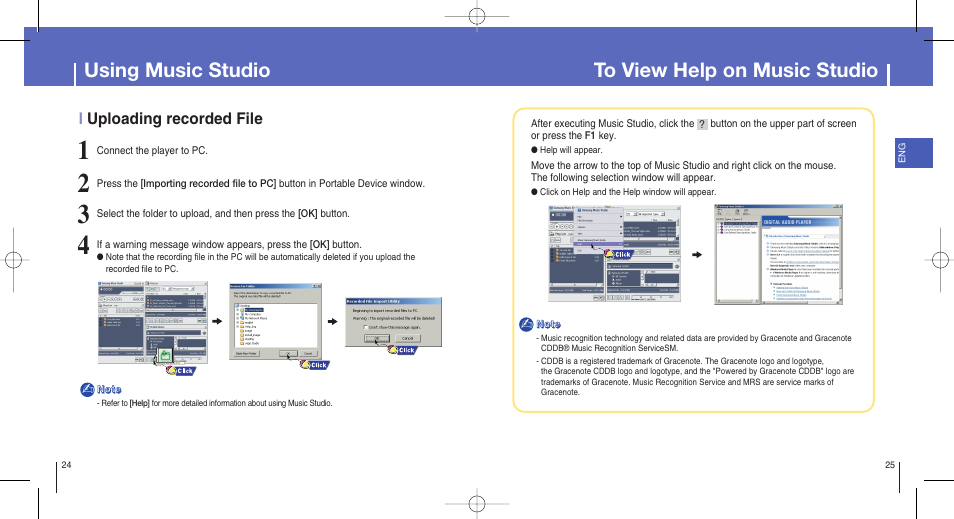 To view help on music studio, Using music studio, Iuploading recorded file | Samsung YH-820MW-XAA User Manual | Page 13 / 36