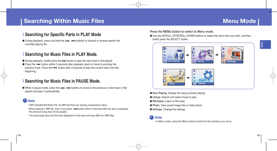 Searching within music files, Menu mode, Isearching for specific parts in play mode | Isearching for music files in play mode, Isearching for music files in pause mode | Samsung YH-820MW-XAA User Manual | Page 23 / 36