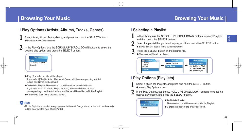 Browsing your music, Iplay options (playlists), Iselecting a playlist | Iplay options (artists, albums, tracks, genres) | Samsung YH-820MW-XAA User Manual | Page 25 / 36